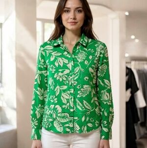 US S🍀ANTHROPOLOGIE Maison D'Amélie Vibrant Green Floral Button Down Shirt